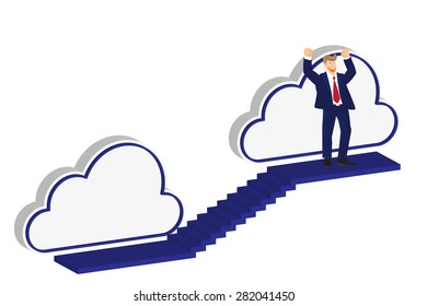 Man climbs the ladder stairs of success and a virtual career, illustration, vector.