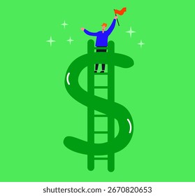 El hombre sube la escalera de la riqueza en forma de símbolo del dólar. Ilustración conceptual