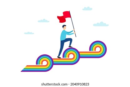 Hombre sube las olas de arco iris LGBT. Hombre con bandera. Símbolo de lesbianas, gays, bisexuales y transgénero. Alto a la homofobia, Día del Orgullo y Banner de olas arco iris por los derechos LGBT. Amar la equidad y la cultura de la diversidad. Vector