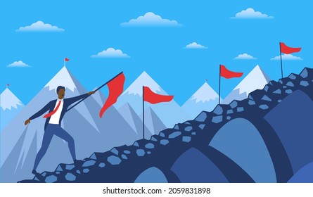 Man climbs mountain. Goal setting, business, success. Businessman challenges himself, project growth startup