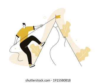 A man climbs a mountain. A metaphor for achieving a goal.Vector illustration for telework, remote working and freelancing concept, business, start up.