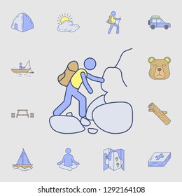 a man climbs mountains icon. Detailed set of color camping tool icons. Premium graphic design. One of the collection icons for websites, web design, mobile app