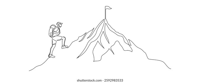 Man climbs the mountains in one continuous line drawing. Traveler with backpack is hiking in simple linear style. Leadership development Editable stroke. Doodle vector illustration
