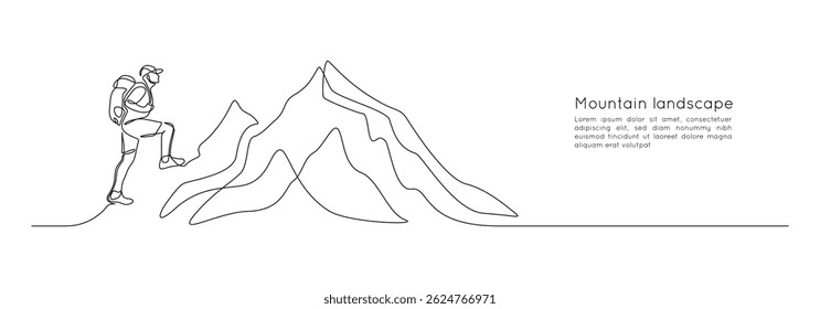 Man climbs the mountains in one continuous line drawing. Traveler with backpack is hiking in simple linear style. Leadership development Editable stroke. Doodle vector illustration