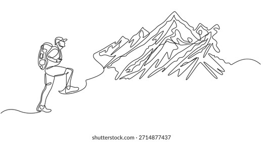 Der Mensch erklettert die Berge in einer durchgehenden Linienzeichnung. Reisende mit Rucksack wandern im einfachen linearen Stil. Leadership Development Editierbarer Schlaganfall. Doodle-Kontur, Vektorgrafik