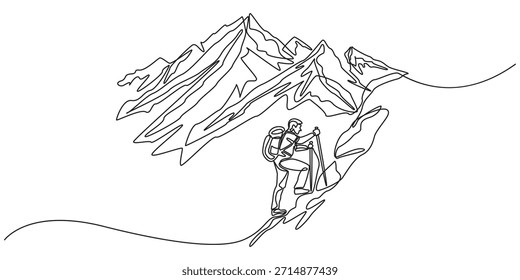 O homem escala as montanhas em um desenho de linha contínua. Viajante com mochila está caminhando em estilo linear simples. Desenvolvimento de liderança AVC editável. Ilustração do vetor de contorno de rabiscar