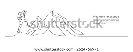 Man climbs the mountains in one continuous line drawing. Traveler with backpack is hiking in simple linear style. Leadership development Editable stroke. Doodle vector illustration