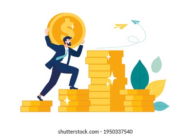 Man climbs on a chart coin, investment management. Businessman saves money, finances. Money and profit growth, career growth to success. Gold icons, business analysis, character. Vector illustration
