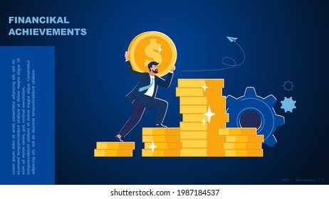 Man climbs on a chart coin, investment management. Businessman saves money, finances. Money and profit growth, career growth to success. Gold icons, business analysis, character. Vector illustration
