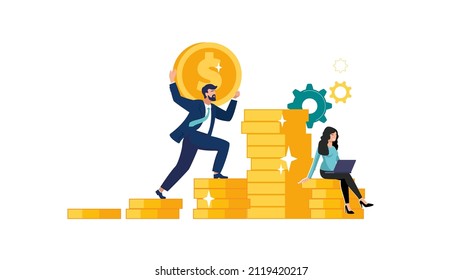Man climbs on a chart coin, investment management. Businessman saves money, finances. Money and profit growth, career growth to success. Gold icons, business analysis, character. Vector illustration