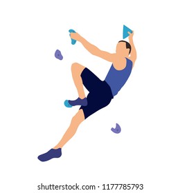 Man climbs on a climbing wall in a climbing gym isolated on a white background. Vector illustration.