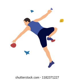 Man climbs on a climbing wall in a climbing gym isolated on a white background. Vector illustration.