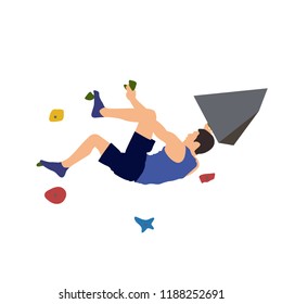 Man climbs on a climbing wall in a climbing gym isolated on a white background. Vector illustration.