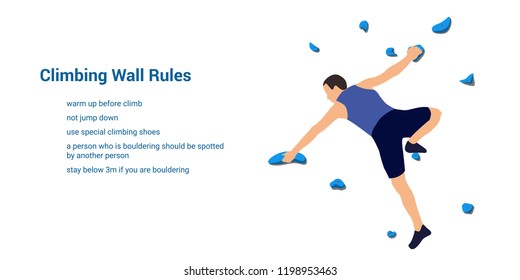 Man climbs on a climbing wall in a climbing gym and climbing wall rules isolated on a white background. Vector illustration.