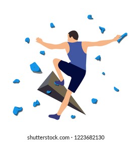 Man climbs on a climbing wall in a climbing gym isolated on a white background. Vector illustration.