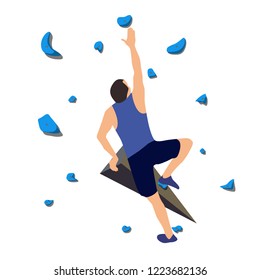 Man climbs on a climbing wall in a climbing gym isolated on a white background. Vector illustration.
