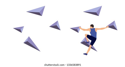 Man climbs on a climbing wall in a climbing gym isolated on a white background. Vector illustration.