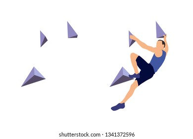 Man climbs on a climbing wall in a climbing gym isolated on a white background. Vector illustration.