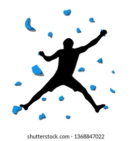 Man climbs on a climbing wall in a climbing gym isolated on a white background. Vector illustration.