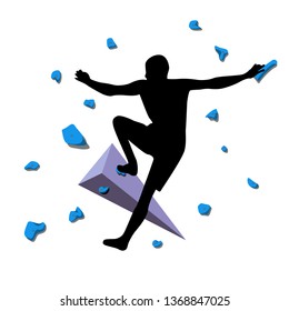 Man climbs on a climbing wall in a climbing gym isolated on a white background. Vector illustration.
