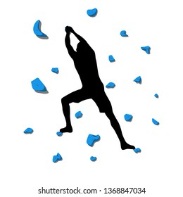 Man climbs on a climbing wall in a climbing gym isolated on a white background. Vector illustration.