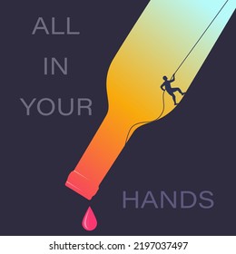 The man climbs out of the abyss. Vector illustration of a poster for advertising the fight against alcoholism. Sketch for creativity.