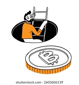 A man climbs out of a hole towards a giant Bitcoin. Hand-drawing vector illustration