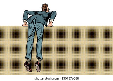 man climbs over wall. Pop art retro vector illustration kitsch vintage