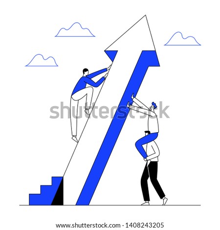 Man climbs the rising arrow with teamwork help to success. Business ambition, growth, motivation, progress concept. Line with editable stroke. Vector flat illustration.