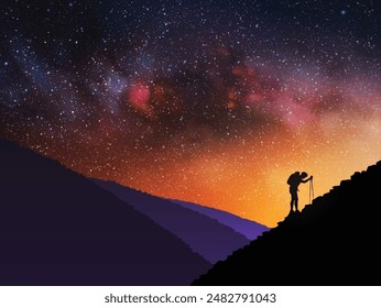 Man climbs rocky mountain. Climbing with trekking poles. Night starry sky