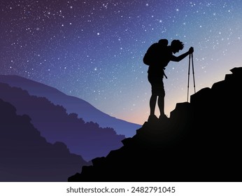 Man climbs rocky mountain. Climbing with trekking poles. Night starry sky