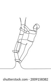 man climbs the rope ladder up - one line drawing. the concept of career growth, social lift, difficulties on the way to the goal 