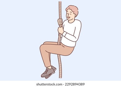 Man climbs up rope rejoicing in own success in achieving new goals or getting rid of fear of heights. Concept ambition and motivation for moving up career ladder and leadership in work or business 