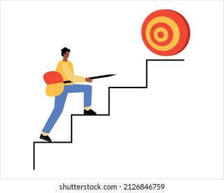 A man climbs the stairs. A man with a dart in his hands goes to the target. Career development concept