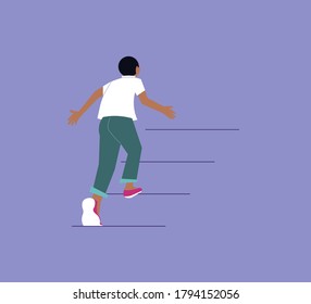 The man climbs up the stairs. Development, goal achievement, aspiration, reaching aim, personal growth metaphor. Isolated on purple. Flat Art Vector Illustration