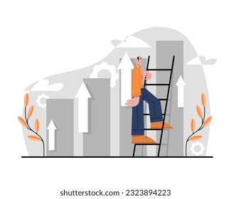 Man climbs stairs with diagrams on background. Funny cartoon male organizing time. Doing different tasks and activities. Time management efficiency. Good business process. Vector flat illustration