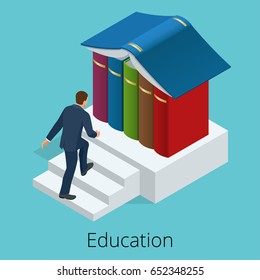 A man climbs the stairs to knowledge. Books are the source of knowledge. Training concept. Vector isometric illustration