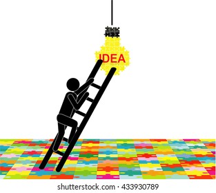 Man climbs up the stairs to the light bulb. The concept of inspiration and ideas