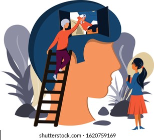 A man climbs the stairs and mends the human brain. Psychological help.