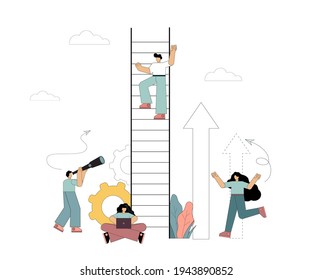 A man climbs up the stairs on his way to success. Career growth. Search for ideas. Vector illustration isolated on white background.
