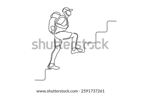 Man climbs the stairs in one continuous line drawing. Concept symbol of career success and achieving goals in simple linear style. Leadership development Editable stroke. Doodle vector illustration