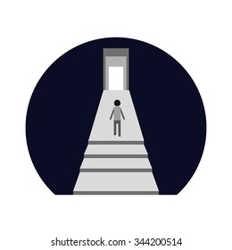 man climbs up the stairs to the open door
