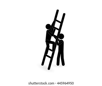 Man climbs up the stairs, and the other helps him. support symbol