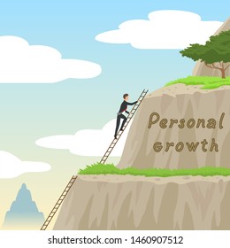 Man climbs the stairs to the top of the mountain. A symbol of personal growth.