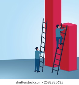 A man climbs a tall ladder to the top while others climb a short ladder. Illustration for privilege, difference and injustice.