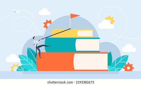 A man climbs to the top of a mountain of books. Education, teamwork, learning via reading. Characters studying, self development and goal achievement. Flat style. Vector illustration