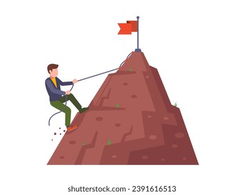 a man climbs to the top of a mountain. flat vector illustration.