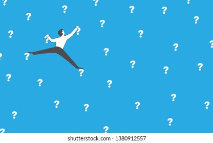 Man climbs the wall on the question marks. Research, science or philosophy concept vector illustration.  