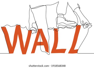 hombre trepa una pared que dice "muro" - un dibujo de una línea. Concepto - Superar la pared literal y figurativamente