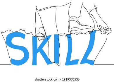 man climbs the wall from the word "SKILL" - one line drawing. Concept of obtaining skills, professional experience. Metaphor of creative development